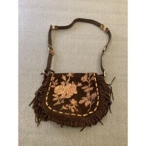 Isabella Fiore‎ Women One Size Brown Suede Fringe Messenger Bag Floral